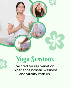 Woman in yoga pose with floral accents and text promoting yoga sessions