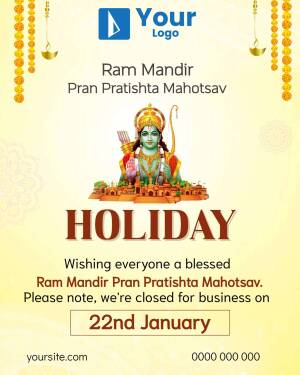 Ram Mandir Pran Pratishtha Mahotsav Holiday Announcement with Lord Ram Image