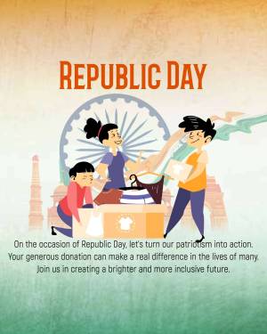 Illustration of children donating clothes with the Indian flag and Ashoka Chakra in the background, promoting a Republic Day donation drive.