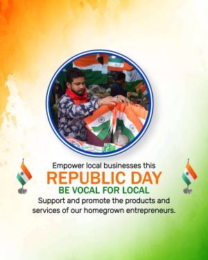 A man selling Indian flags with a Republic Day promotional message.