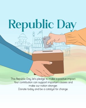 Illustration of a hand casting a vote and another hand donating, with the India Gate in the background, celebrating Republic Day.