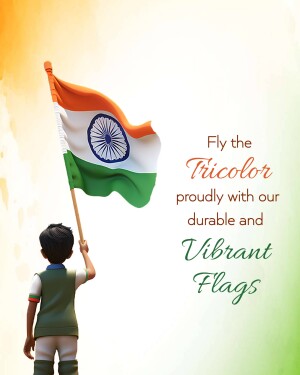 A boy holding the Indian flag with a patriotic message.