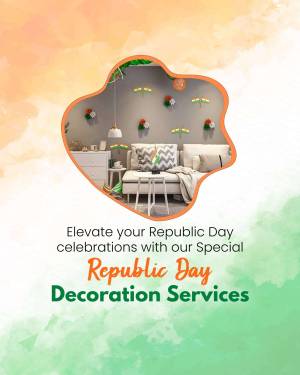 Republic Day themed living room decoration with text promoting decoration services.