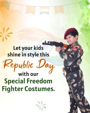 A young boy dressed in a military uniform posing with a toy gun against a Republic Day themed background.