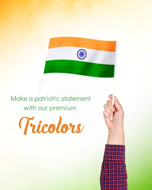Hand holding a waving Indian flag with text 'Make a patriotic statement with our premium Tricolors'