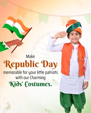 A young boy dressed in patriotic colors saluting with an Indian flag, promoting Republic Day kids costumes.