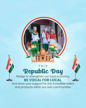 Republic Day celebration with Indian flags, Taj Mahal, and mannequins in tricolor attire.