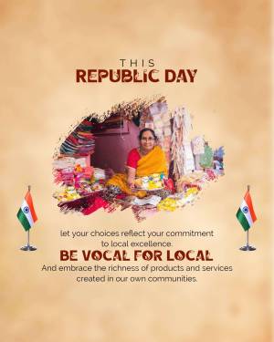 Republic Day image promoting local businesses with a woman vendor and Indian flags.