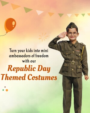 A young boy dressed in a Republic Day themed army costume saluting.