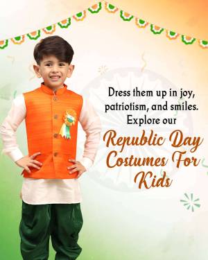 A young boy dressed in traditional Indian attire for Republic Day, with festive decorations and text promoting Republic Day costumes.