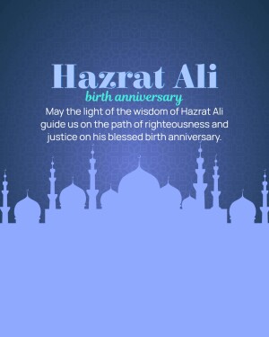Image commemorating the birth anniversary of Hazrat Ali with mosque silhouettes.