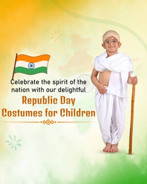 A young child dressed as Mahatma Gandhi with the Indian flag, celebrating Republic Day.