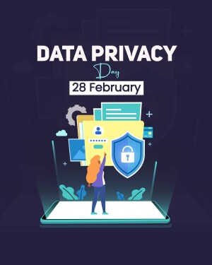 Illustration depicting Data Privacy Day with a woman interacting with data security elements.