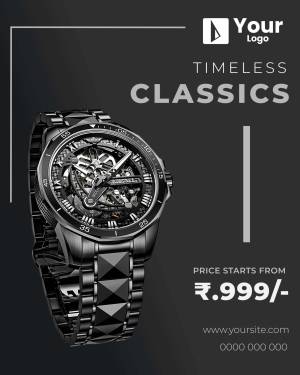 Black skeleton watch with metal band and price details