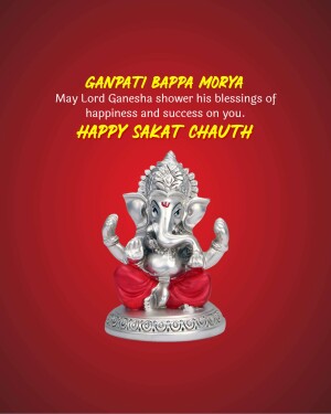 Silver Ganesha idol with red background and text 'Ganpati Bappa Morya, Happy Sakat Chauth'