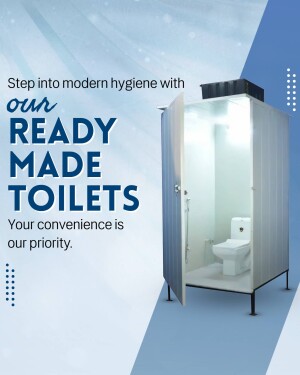 Image of a ready-made portable toilet unit with the text 'Step into modern hygiene with our READY MADE TOILETS'