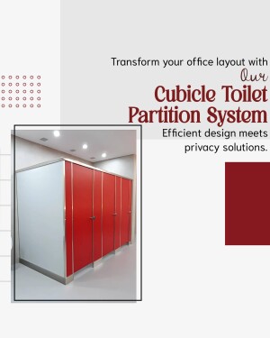 Image of a modern office toilet cubicle partition system with red and white panels.