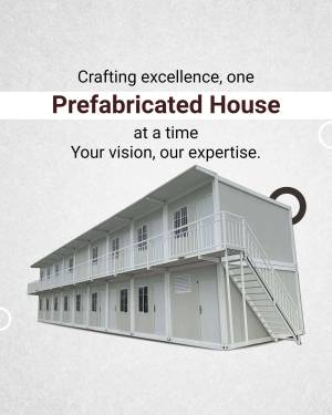 Image of a two-story prefabricated house with a white exterior and metal railings.