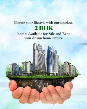 Image of a 2 BHK apartment complex on a hand, representing home ownership.