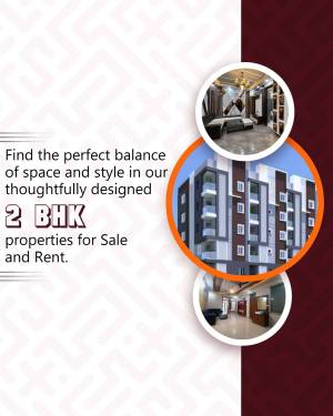 Advertisement for 2 BHK properties with building and interior views