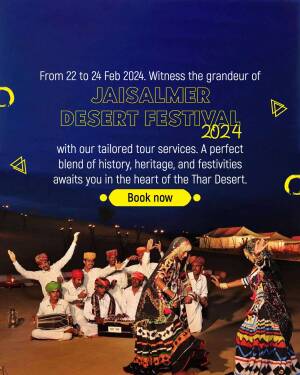Jaisalmer Desert Festival 2024 poster with traditional Rajasthani performers