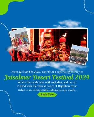 Poster for the Jaisalmer Desert Festival 2024 featuring traditional Rajasthani performers and festival details.