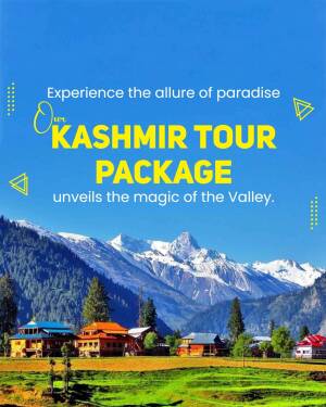 Scenic view of Kashmir valley with snow-capped mountains and a promotional text for Kashmir Tour Package.