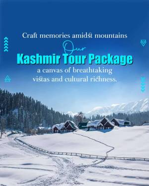Kashmir Tour Package advertisement with snowy landscape and mountains.