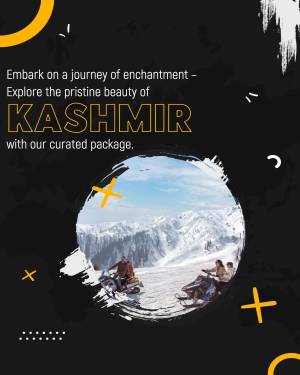 Kashmir travel poster featuring snow-covered mountains and snowmobiling.