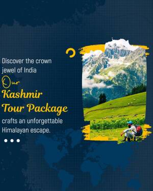 Scenic view of Kashmir mountains with a traveler, promoting a tour package.