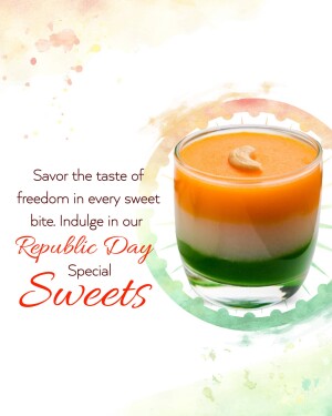 A glass of layered orange, white, and green drink representing the Indian flag with a cashew on top, promoting Republic Day sweets.