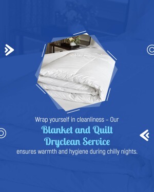Advertisement for a blanket and quilt dryclean service featuring a neatly made bed with a white duvet.