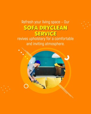 Advertisement for sofa dry cleaning service showing a professional cleaning a sofa.