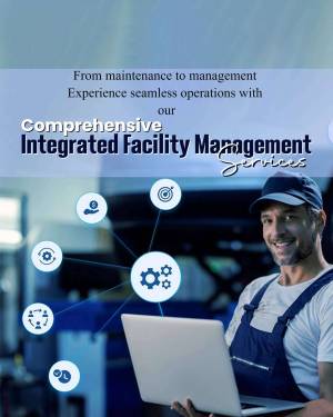Facility management professional using a laptop with integrated services icons