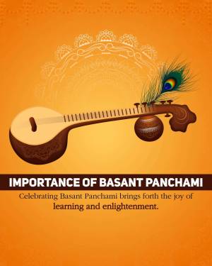 Illustration of a sitar and peacock feather for Basant Panchami