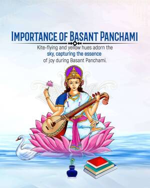 Illustration of Goddess Saraswati with kites and a lotus flower for Basant Panchami