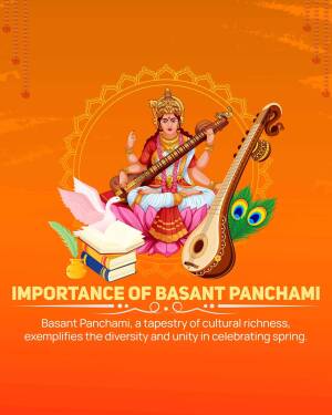 Illustration of Goddess Saraswati with musical instruments and flowers for Basant Panchami