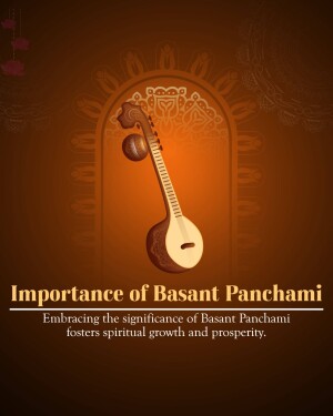 Image depicting a sitar and floral decorations with text 'Importance of Basant Panchami'