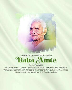 Portrait of Baba Amte with a watercolor effect and text honoring his life and work.