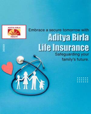 Aditya Birla Life Insurance advertisement with family and healthcare symbols