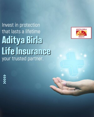 Aditya Birla Life Insurance advertisement with a hand holding a glowing plus sign.