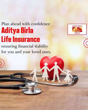 Aditya Birla Life Insurance advertisement featuring a family and medical symbols.