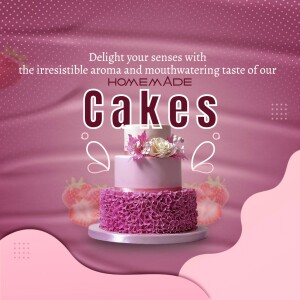 A promotional image for homemade cakes featuring a tiered cake with strawberry accents.