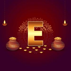 Golden letter E with traditional Diwali decorations including oil lamps and clay pots.