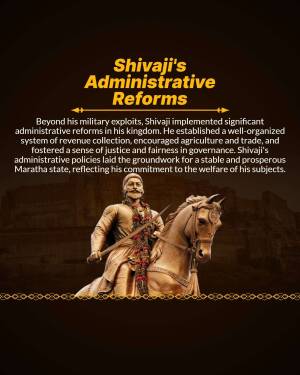 Statue of Shivaji Maharaj on horseback with text about his administrative reforms
