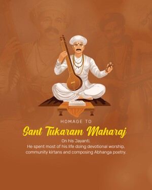 Illustration of Sant Tukaram Maharaj playing a stringed instrument with devotees in the background.
