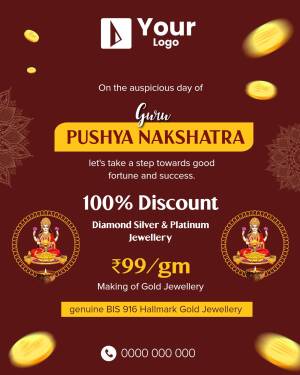 Promotional image for a sale on gold, diamond, silver, and platinum jewelry during Guru Pushya Nakshatra.