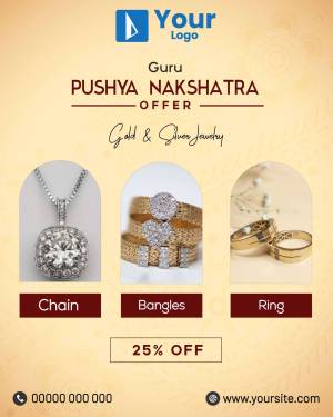 Promotional poster for Pushya Nakshatra offer on gold and silver jewelry
