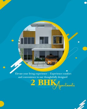 Architectural rendering of a modern 2 BHK apartment building with a car in the driveway.