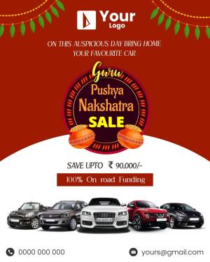 Promotional poster for a car sale during Guru Pushya Nakshatra